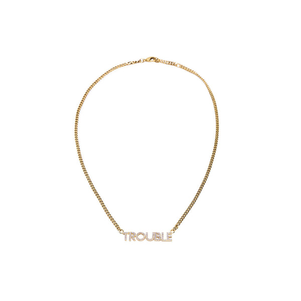 Gold Pavé Trouble Nameplate Necklace: Sparkling Defiance
