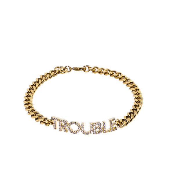 Gold Pavé Trouble Nameplate Bracelet: Sparkling Defiance